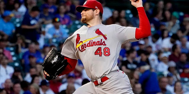 St. Louis Cardinals starter Jordan Montgomery pitches in the first inning of a baseball game against the Chicago Cubs on Monday, Aug. 22, 2022 in Chicago. 