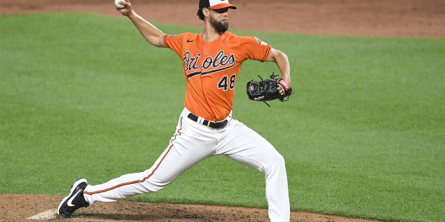 Jorge Lopez of the Baltimore Orioles pitches against the New York Yankees at Oriole Park at Camden Yards, July 23, 2022, in Baltimore, Maryland.