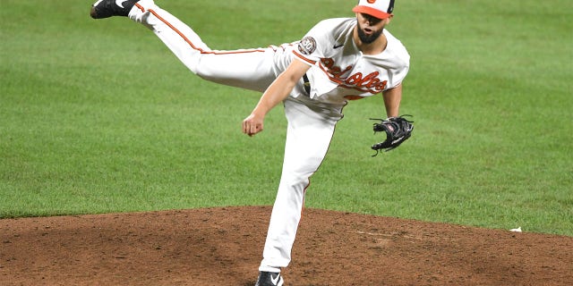 Jorge Lopez of the Baltimore Orioles pitches against the Tampa Bay Rays at Oriole Park at Camden Yards, July 26, 2022, in Baltimore, Maryland.