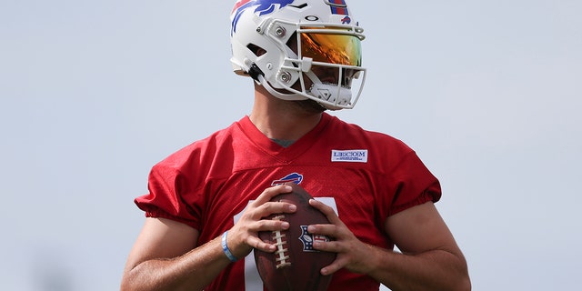 Josh Allen of the Buffalo Bills throws during Bills training camp at St. John Fisher University July 24, 2022, in Pittsford, N.Y.