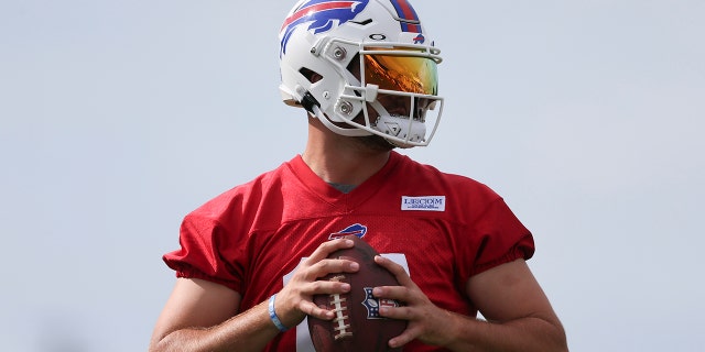Josh Allen, #17 of the Buffalo Bills, throws during Bills training camp at Saint John Fisher University on July 24, 2022 in Pittsford, New York.