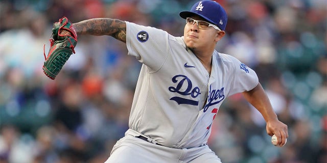 Los Angeles Dodgers' Julio Urias pitches against the San Francisco Giants during the first inning of a baseball game in San Francisco, Wednesday, Aug. 3, 2022.