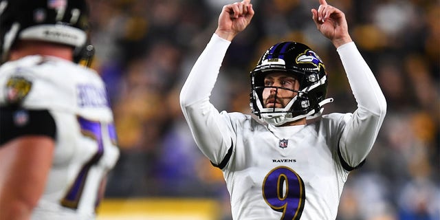 Justin Tucker of the Ravens after a successful field goal against the Steelers at Heinz Field on Dec. 5, 2021, in Pittsburgh.