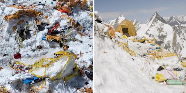 This split image shows trash that has accumulated on K2 in Pakistan, the second-tallest mountain in the world.