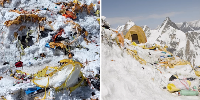 This split image shows the trash that has piled up on K2 in Pakistan, the world's second highest mountain.