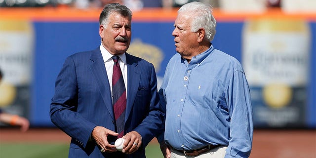 Former New York Met Keith Hernandez stands with his brother Gary after throwing the ceremonial first pitch prior to a game against the Miami Marlins at Citi Field on July 09, 2022 in New York City. Hernandez' number 17 was retired during a pre game ceremony. The Mets defeated the Marlins 5-4 in ten innings. 