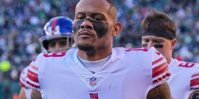 New York Giants wide receiver Kenny Golladay, #19, looks on during the game between the New York Giants and the Philadelphia Eagles on December 26, 2021 at Lincoln Financial Field in Philadelphia. 