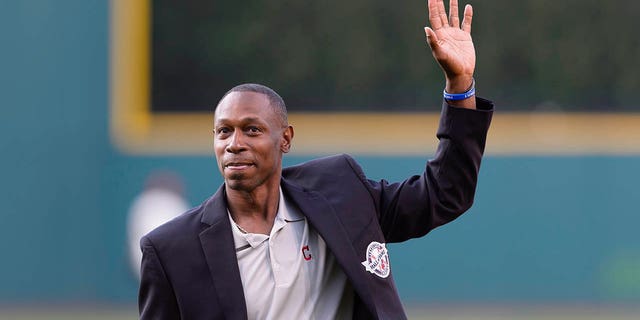 Former Cleveland Indians player and Indians Hall of Fame inductee Kenny Lofton is shown during induction ceremonies prior to the game between the Cleveland Indians and the Detroit Tigers at Progressive Field on June 21, 2014, in Cleveland, Ohio.