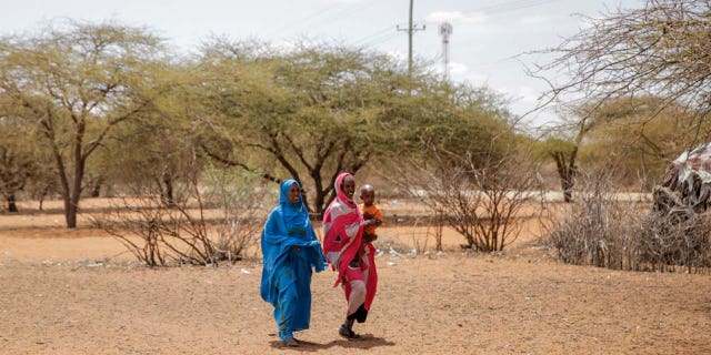 Women walk toward an open-air market in the village of Wagala, northern Kenya, Friday, August 19, 2022. 