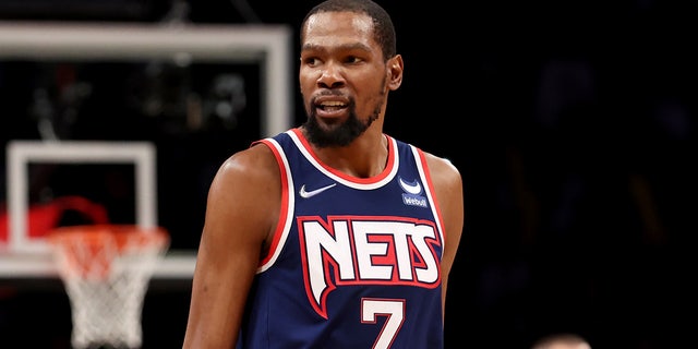 Brooklyn Nets forward Kevin Durant, #7, reacts during the fourth quarter of game four of the first round of the 2022 NBA playoffs against the Boston Celtics at Barclays Center in Brooklyn, New York April 25, 2022.
