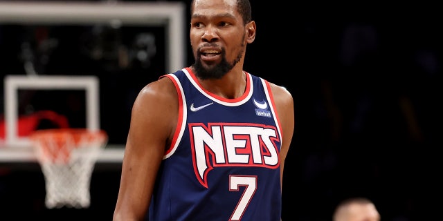 Brooklyn Nets forward Kevin Durant, #7, reacts during the fourth quarter of game four of the first round of the 2022 NBA playoffs against the Boston Celtics at Barclays Center in Brooklyn, New York April 25, 2022.