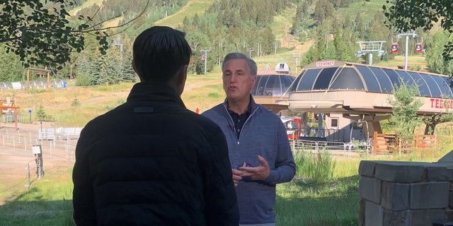 House GOP Leader Rep. Kevin McCarthy is interviewed by Fox News, on August 15, 2022, in Teton Village, Wyoming. 
