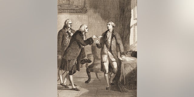 Engraving shows Founding Father and future American President John Adams, center, as he greets King George III of England as U.S. ambassador to St. James's Court in 1785.