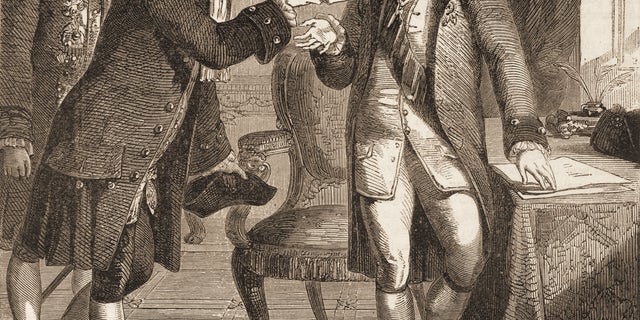 Founding Father John Adams (center) was a direct descendant of Mayflower Pilgrims John and Priscilla Alden. Engraving shows the future American president as he greets King George III of England as U.S. ambassador to St. James's Court in 1785.