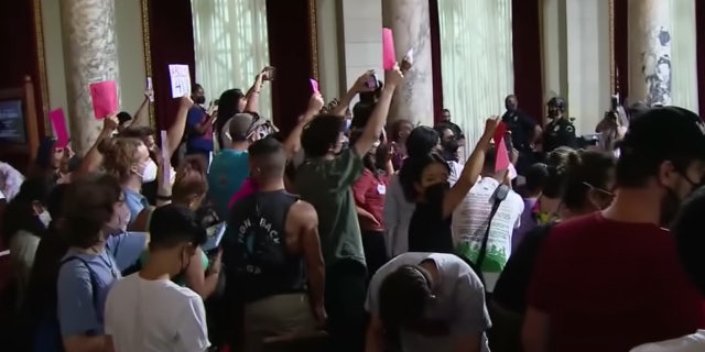 Protesters gather as the Los Angeles City Council votes on a ban on homeless encampments within 500 feet of schools and daycare centers