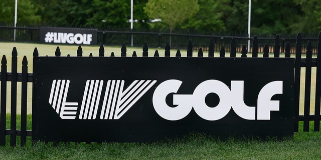 A general view of the LIV Golf logo during round 1 of the LIV Golf Invitational Series Bedminster, July 29, 2022, at Trump National Golf Club in Bedminster, New Jersey.