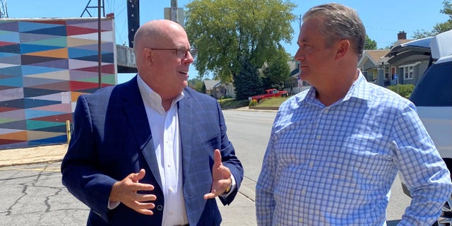 Maryland Republican Governor Larry Hogan and Nebraska Republican Rep. Don Bacon on August 10, 2022 in Omaha, Nebraska. 