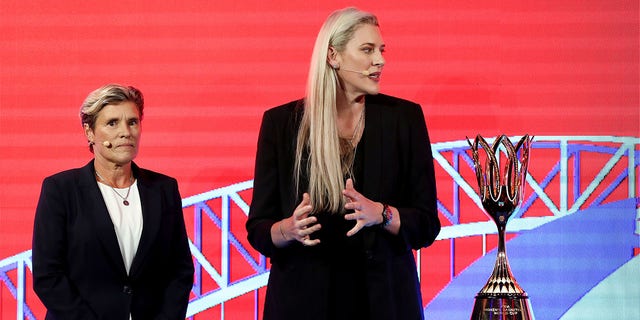 Michele Timms and Lauren Jackson speak on stage during the FIBA Women's Basketball World Cup 2022 Official Draw at Doltone House on March 03, 2022 in Sydney, Australia.