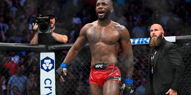 Leon Edwards celebrates after winning a welterweight title bout against Kamaru Usman at Vivint Arena on Aug. 20, 2022, in Salt Lake City, Utah.