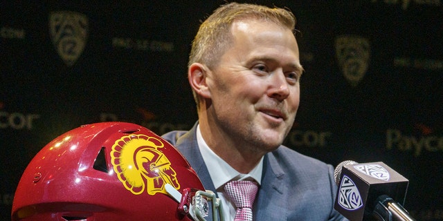 Southern California coach Lincoln Riley speaks at the Pac-12 Conference NCAA College Football Media Day in Los Angeles on Friday, July 29, 2022.