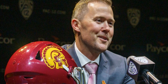 Southern California coach Lincoln Riley speaks at the Pac-12 Conference NCAA College Football Media Day in Los Angeles on Friday, July 29, 2022.