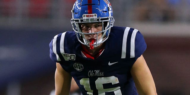 Luke Knox, #16 of the Mississippi Rebels, in action during a game against the Vanderbilt Commodores at Vaught-Hemingway Stadium on October 05, 2019 in Oxford, Mississippi. 