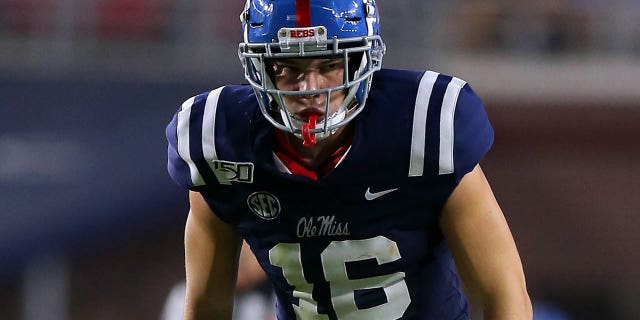 Luke Knox, #16 of the Mississippi Rebels, in action during a game against the Vanderbilt Commodores at Vaught-Hemingway Stadium on October 05, 2019 in Oxford, Mississippi.