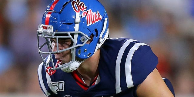 Luke Knox, #16 of the Mississippi Rebels, in action during a game against the Vanderbilt Commodores at Vaught-Hemingway Stadium on October 05, 2019 in Oxford, Mississippi.