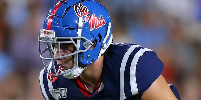 Luke Knox, #16 of the Mississippi Rebels, in action during a game against the Vanderbilt Commodores at Vaught-Hemingway Stadium on October 05, 2019 in Oxford, Mississippi.