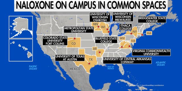 Fox research shows that at least 10 schools have naloxone available to students other than in the student health center, pharmacy or from the campus police. West Virginia Collegiate Recovery Network said several other West Virginia schools will be adding naloxone boxes in common spaces soon.