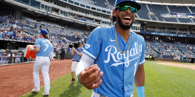 MJ Melendez of the Kansas City Royals reacts after being thrown by Bobby Witt Jr. as he leads his team to a 13-5 victory over the Boston Red Sox in Kansas City, Mo., Sunday, Aug. , 2022.