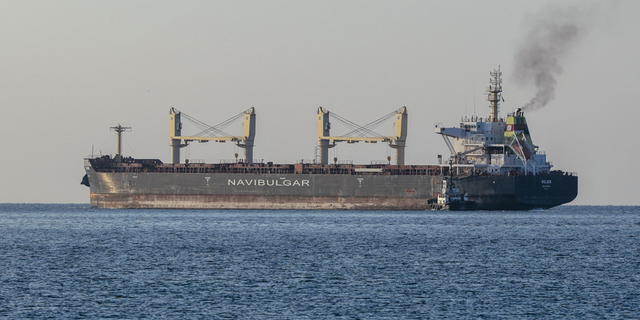Malta-flagged bulk carrier M/V Rojen vessel, carrying tons of corn, leaves the Ukrainian port of Chornomorsk before heading to Teesport in the United Kingdom, on Aug. 5.
