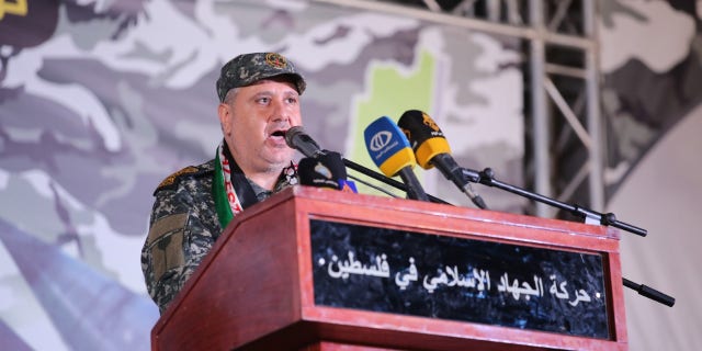 Tayseer Jabari speaking to supporters of Islamic Jihad, during a ceremony in Gaza City, Gaza, November 12, 2021. Jabari was killed in an operation by the IDF during this month's hostilities.