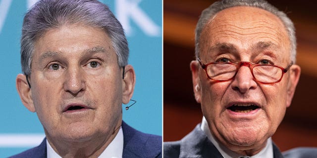 Senator Joe Manchin, a Democrat from West Virginia: F. Carter Smith/Bloomberg via Getty Images; Senate Majority Leader Chuck Schumer: Kent Nishimura / Los Angeles Times via Getty Images