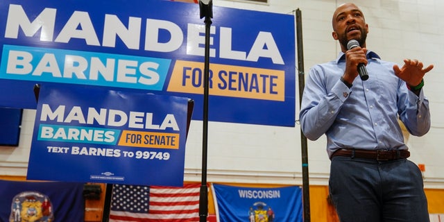 Wisconsin Lt. Gov. and Democratic U.S. Senate candidate Mandela Barnes speaks at a rally at John Marshall High School Friday in Milwaukee