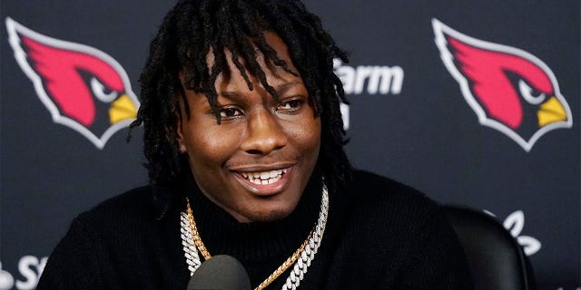Arizona Cardinals new wide receiver Marquise Brown answers a question during a news conference at the NFL Football Team's Training Center on April 29, 2022 in Tempe, Arizona. The Cardinals placed Brown on the NFL's active/non-football injury list on Tuesday, July 26, 2022, due to a hamstring issue.