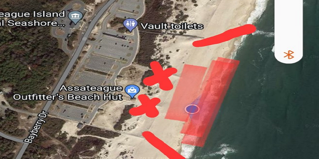 The part of the North Beach Swimming area in the Assateague Island National Seashore that is now closed to the public, according to the National Park Service.