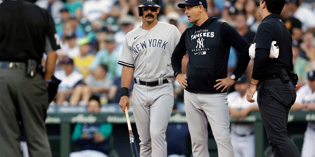 New York Yankees manager Aaron Boone, second from right, and a coach, right, during the first inning of a baseball game, Monday, Aug. 8, 2022, talks to Matt Carpenter after fouling out a ball on his feet against the Seattle Mariners, in Seattle. He was replaced in the lineup after his batting.