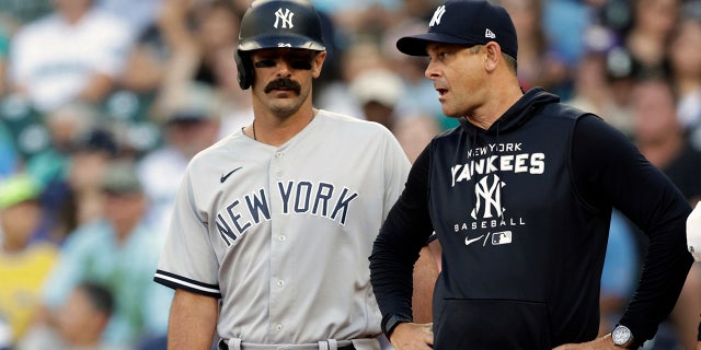 New York Yankees manager Aaron Boone, second from right, and a trainer, right, talk with Matt Carpenter after he fouled a ball off his ankle against the Seattle Mariners during the first inning of a baseball game, Monday, Aug. 8, 2022, in Seattle.