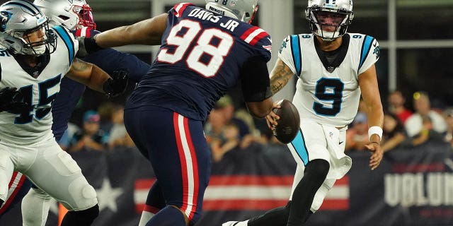 Carolina Panthers quarterback Matt Corral runs the ball against the New England Patriots at Gillette Stadium, Aug. 19, 2022, at Foxborough, Massachusetts.