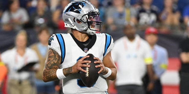 Carolina Panthers quarterback Matt Corral returns a pass to face the New England Patriots on August 19, 2022 at Gillette Stadium.
