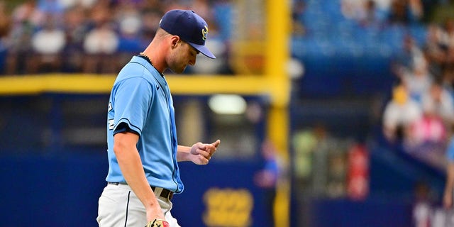 Shane McClanahan of the Tampa Bay Rays reacts after being relieved in the fifth inning against the Cleveland Guardians at Tropicana Field July 31, 2022, in St Petersburg, Fla. 