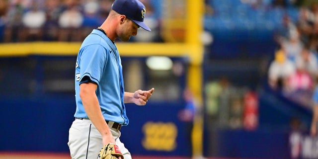 Shane McClanahan of the Tampa Bay Rays reacts after being relieved in the fifth inning against the Cleveland Guardians at Tropicana Field July 31, 2022, in St Petersburg, Fla.