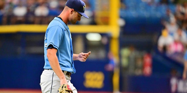 Shane McClanahan of the Tampa Bay Rays reacts after being relieved in the fifth inning against the Cleveland Guardians at Tropicana Field July 31, 2022, in St Petersburg, Fla. 