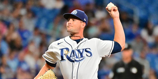 Shane McClanahan of the Tampa Bay Rays delivers a pitch against the Kansas City Royals in the second inning at Tropicana Field Aug. 19, 2022, in St. Petersburg, Fla.