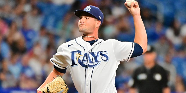 Shane McClanahan of the Tampa Bay Rays delivers a pitch against the Kansas City Royals in the second inning at Tropicana Field Aug. 19, 2022, in St. Petersburg, Fla.