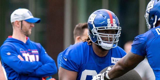New York Giants offensive lineman Marcus McKethan (60) practices a drill during rookie camp at Quest Diagnostics Training Center.