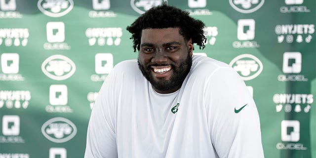 New York Jets tackle Mekhi Becton speaks to the media at the NFL football team's practice facility in Florham Park, N.J., Wednesday, July 27, 2022. 