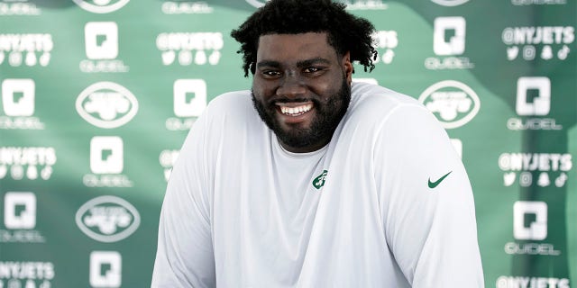 New York Jets tackle Mekhi Becton speaks to the media at the NFL football team's practice facility in Florham Park, N.J., Wednesday, July 27, 2022. 