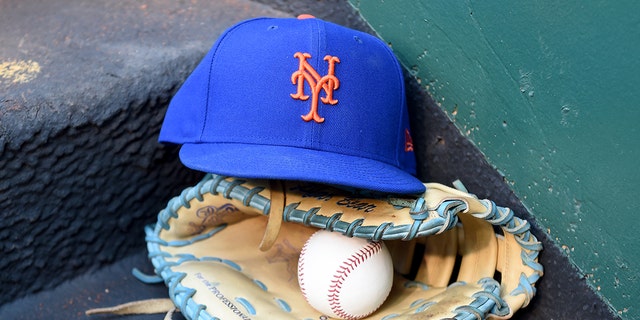 A New York Mets baseball cap on the stairs of the dugout before the game against the Washington Nationals at Nationals Park, May 10, 2022, in Washington, D.C.